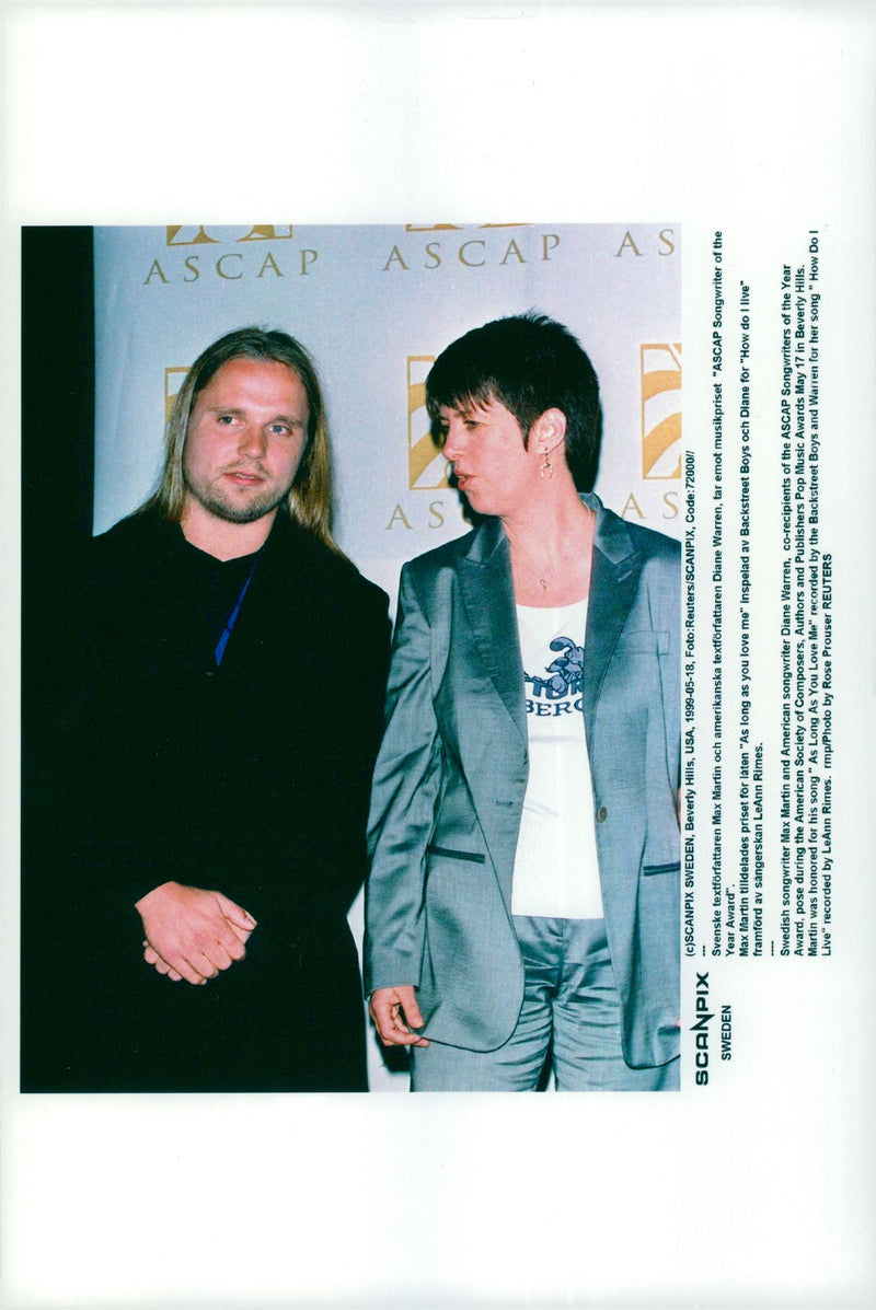 Max Martin, music producer with textwriter Diane Warren, receives the ASCAP Songwriters of the Year Award - Vintage Photograph