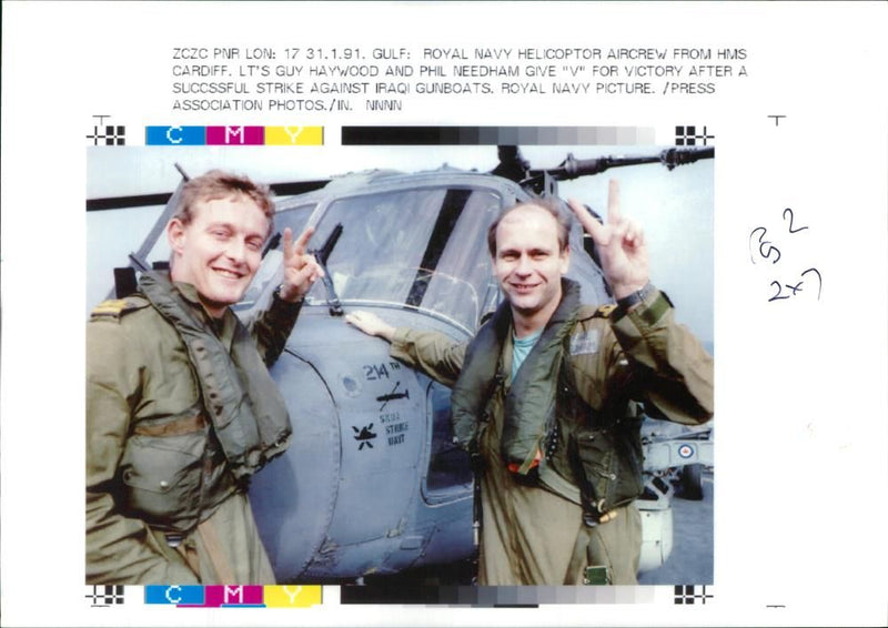 Gulf War:Royal Navy Helicopter with two soldiers. - Vintage Photograph