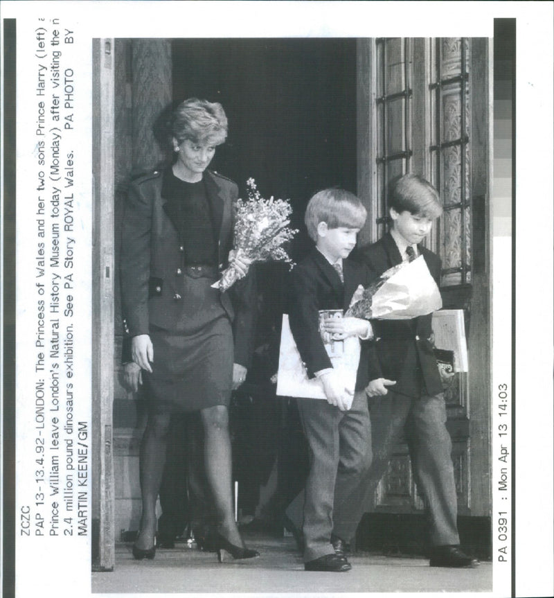 Princess Diana and her sons Prince William and Prince Harry at Natural History Museum - Vintage Photograph