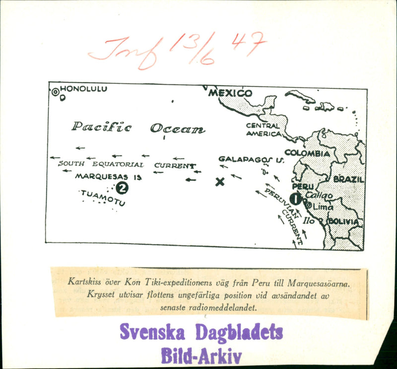 Kartskiss över Kon-Tiki expeditionens väg från Peru till Marquesesöarna - Vintage Photograph