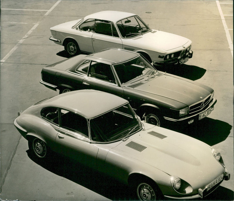 Top view of classic Porsche, Mercedes-Benz and BMW - Vintage Photograph