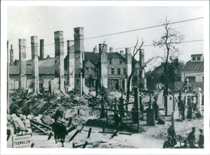World War II in Poland. Only chimneys are left by many houses in Warsaw - Vintage Photograph