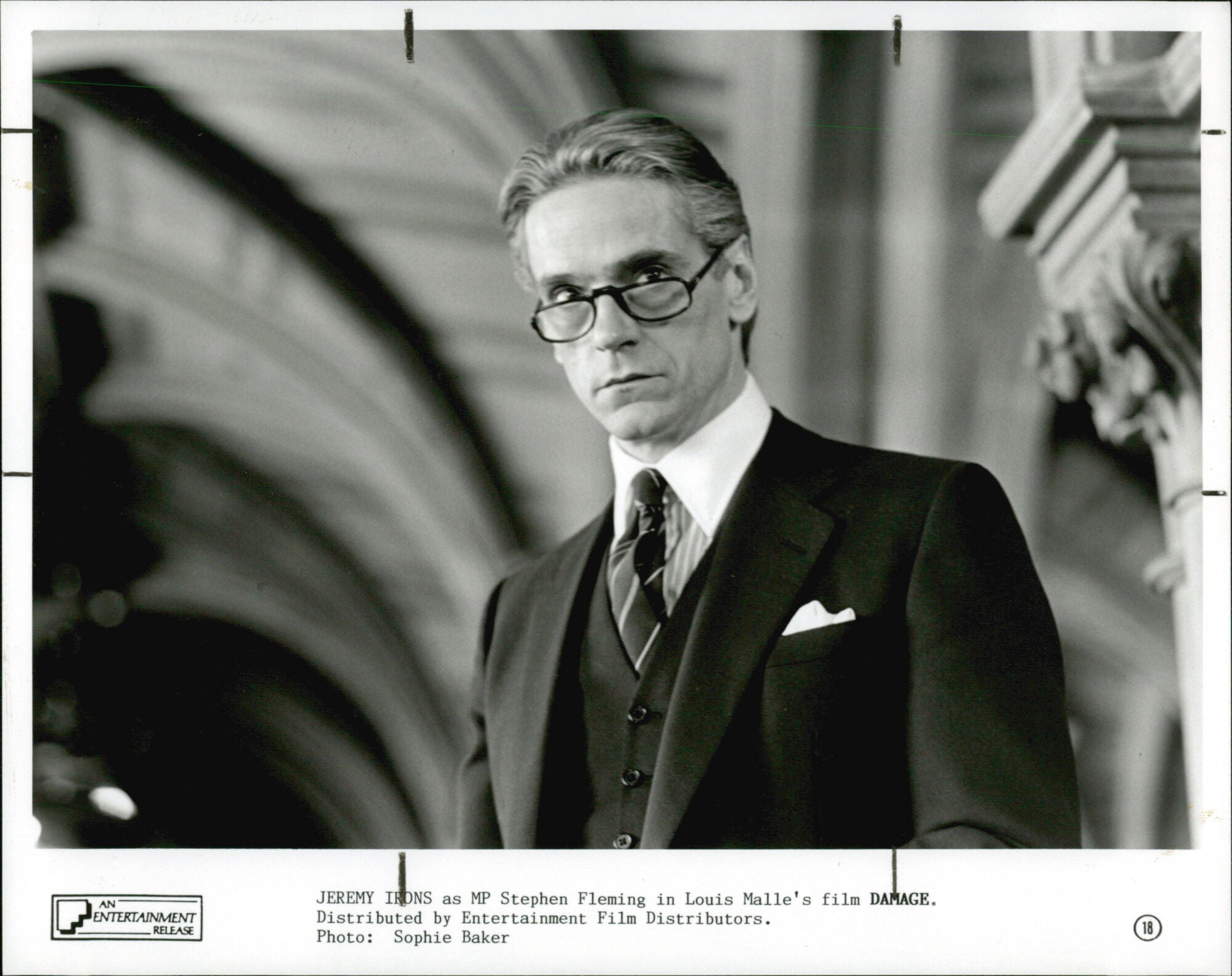 Actor Jeremy Irons poses as MP Stephen Fleming in the 1994 film Damage, image size:2000x1585