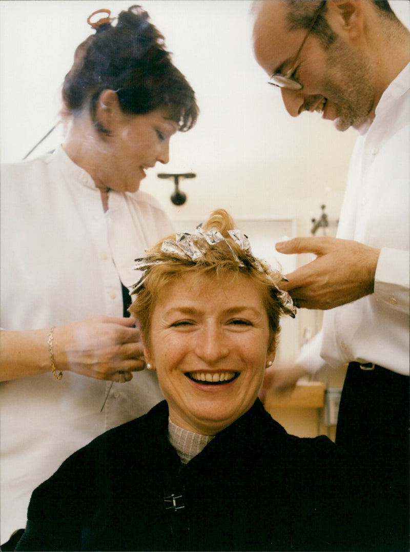 Hairstylists Lesley Marsh and Simon Delow with a client. - Vintage Photograph