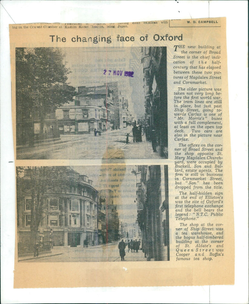 The changing face of Oxford is evidenced by this comparison of a pre-WWI photograph of Magdalen Street and Cornmarket and a modern view of the same area. - Vintage Photograph