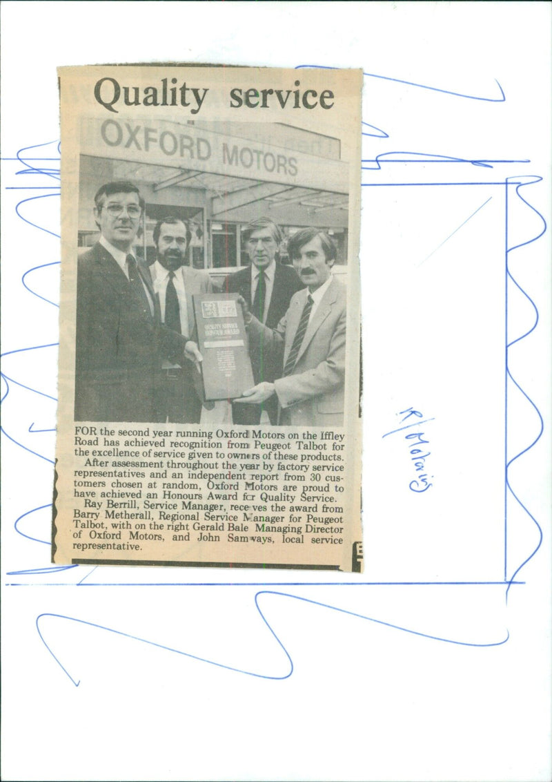 Ray Berrill, Service Manager of Oxford Motors, receives an Honours Award for Quality Service from Barry Metherall, Regional Service Manager for Peugeot Talbot. - Vintage Photograph
