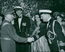 Karlbergs garden party at Karlberg. The head of the army general CA Ehrensvärd welcomes the Danish military attache commander JA Schou with his wife's welcome. - Vintage Photograph