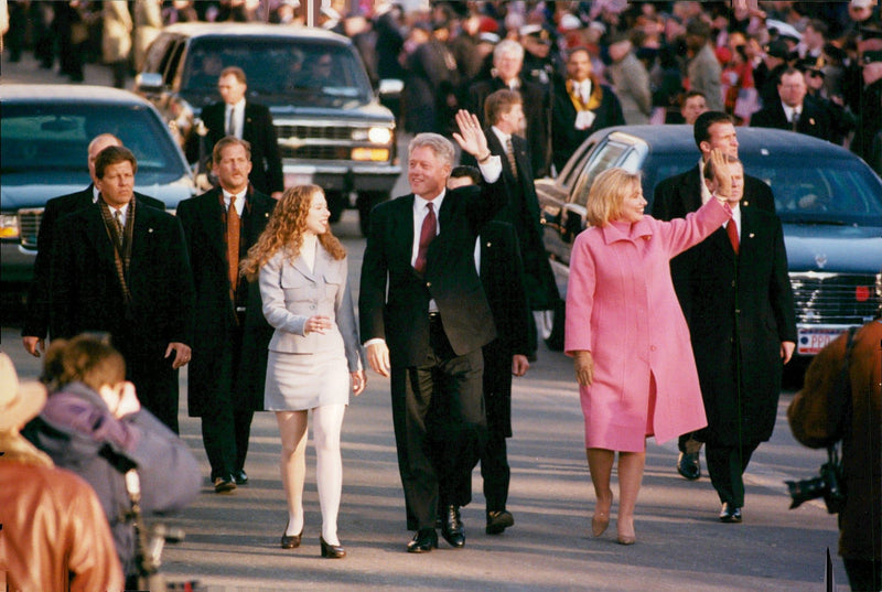 Bill Clinton walking after Pennsylvania Avenue with family - Vintage Photograph