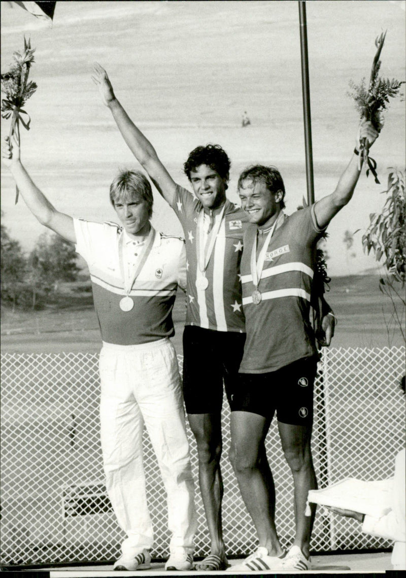 OS in Los Angeles 1984. On the podium fr. V. Steve Bauer, Alexi Grewal and Dag Otto Lauritzen - Vintage Photograph