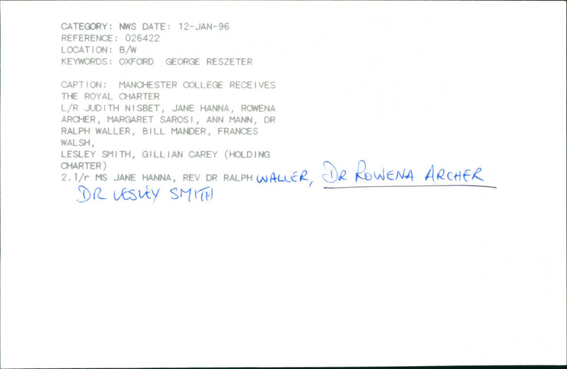 Jane Hanna, Rev. Dr. Ralph Waller, Dr. Rowena Archer, Dr. Lesley Smith (l/r) - Vintage Photograph