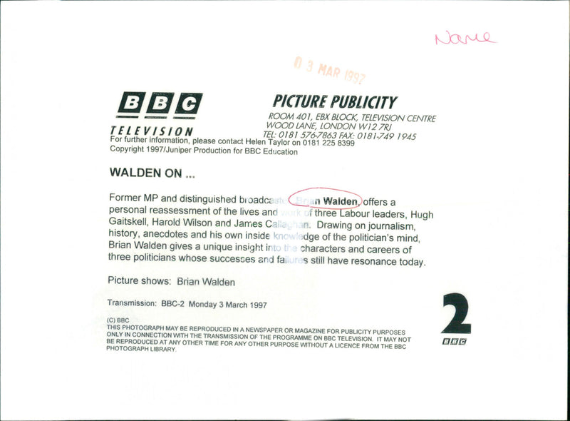 Brian Walden - Vintage Photograph