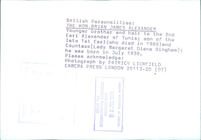 British Personalities: The Hon. Brian James Alexander, younger brother and heir to the 2nd Earl Alexander of Tunis, is pictured on July 3, 1970. Photo credit: Patrick Lichfield/Camera Press/London. - Vintage Photograph