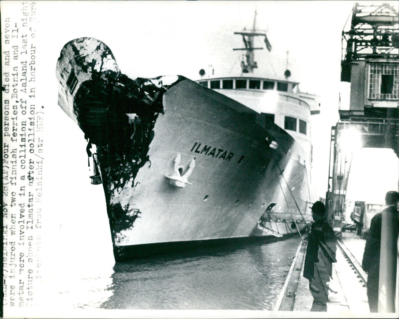 Four people were killed and seven injured in a collision between two Finnish ferries, Botnia and Ilmatar, off the coast of Aaland on November 28th. Pictured is the Ilmatar after the collision in the harbor of Turku, Finland. - Vintage Photograph