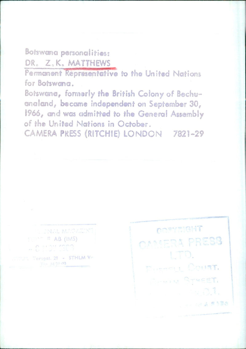 DR. Z.K. MATTHEWS, Permanent Representative to the United Nations for Botswana - Vintage Photograph