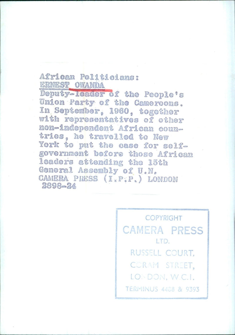 Influential African Politicians: ERNEST OWANDA Deputy-leader of the People's Union Party of the Cameroons. - Vintage Photograph