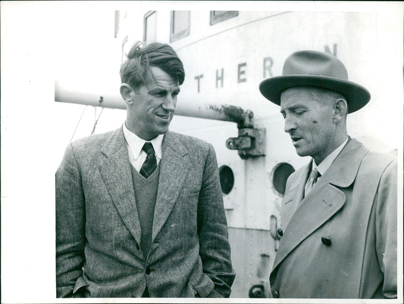Edmund Hillary and the captain of the icebreaker "Theron" on a visit - Vintage Photograph