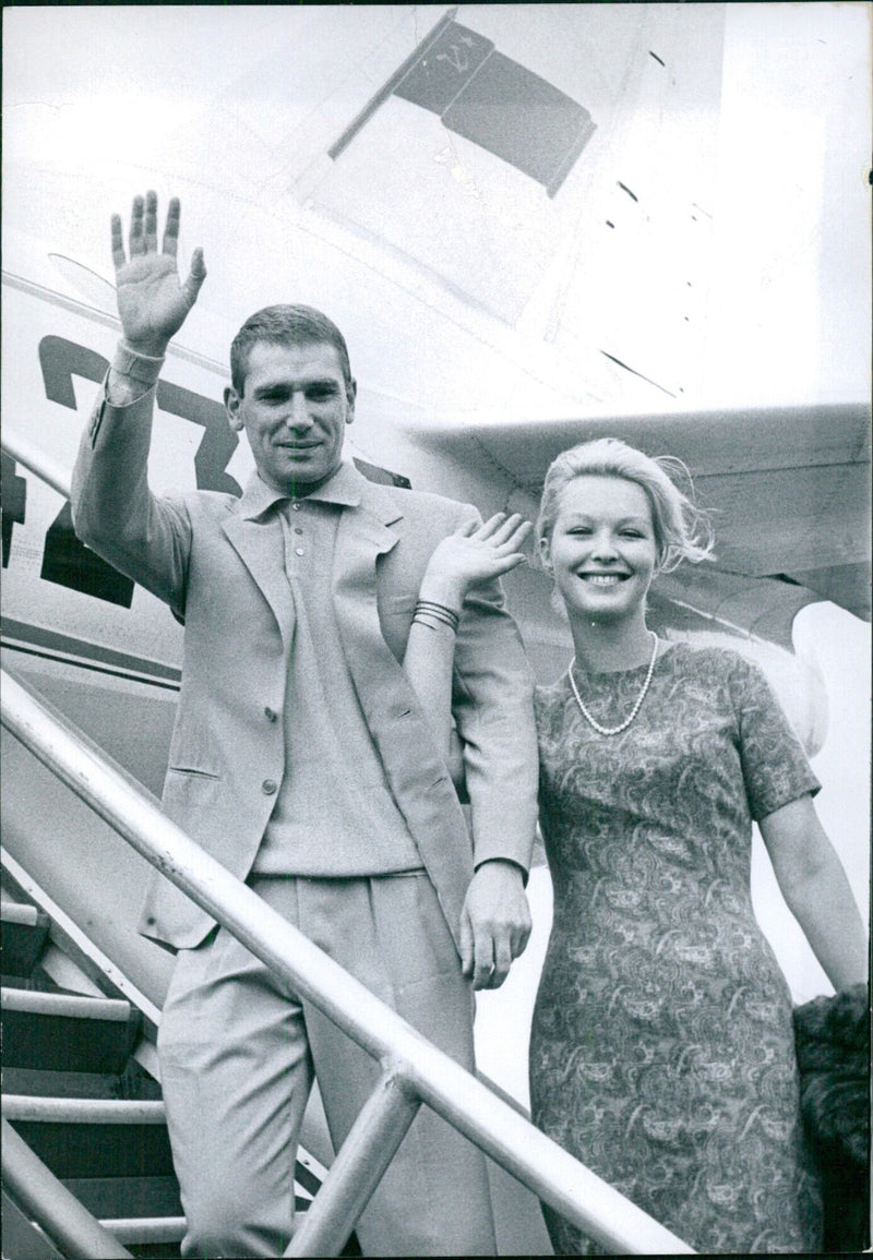 Marina Vlady and Robert Hossein fly to Moscow - Vintage Photograph