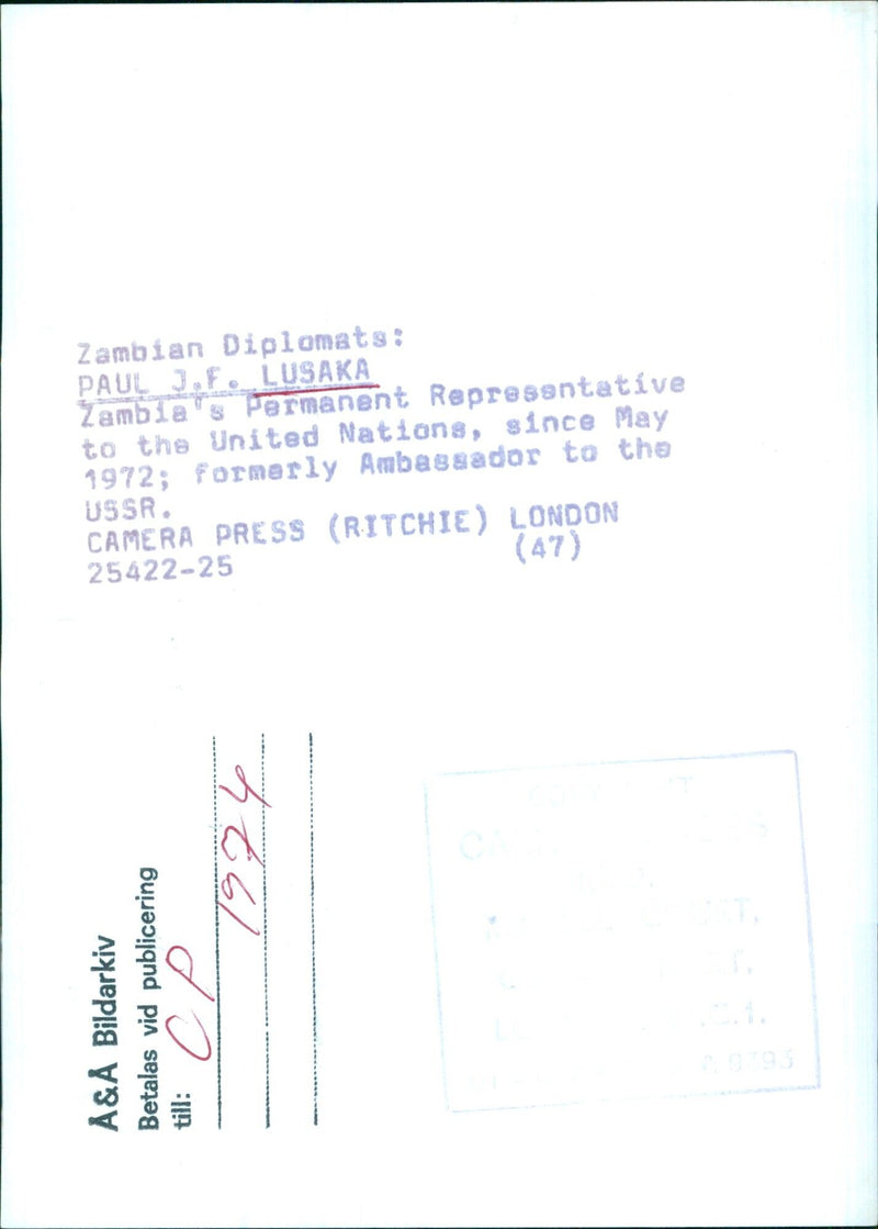 Zambian Diplomats: PAUL J.F. LUSAKA - Vintage Photograph