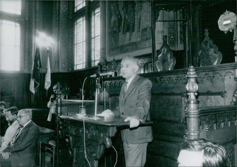 Rezso Nyers delivering a speech at an election rally - Vintage Photograph