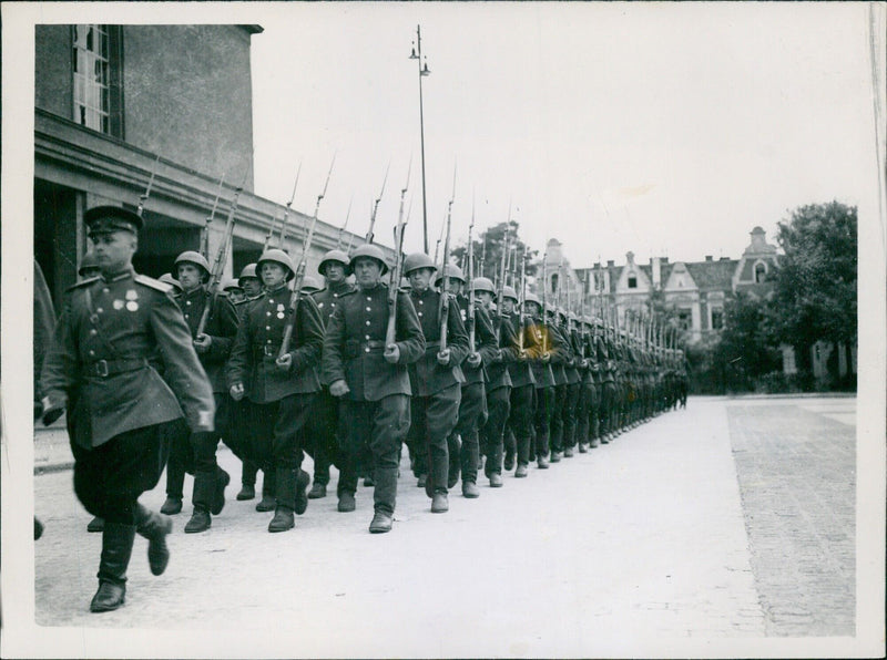 Russian troops take part in a joint military parade of the Allies in Berlin - Vintage Photograph