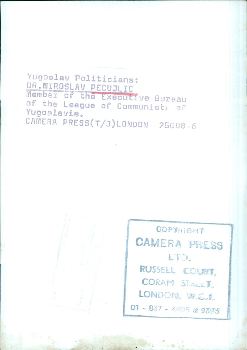 Yugoslav Politicians: DR.MIROSLAV PECUJLIC Member of the Executive Bureau of the League of Communists of Yugoslavia. - Vintage Photograph