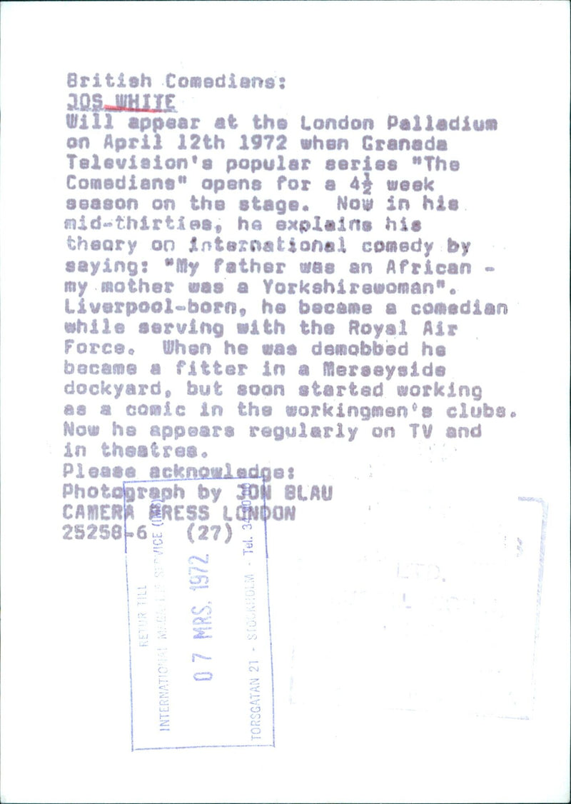 British Comedian 305 WHITE performing at the London Palladium on April 12, 1972 for the opening of Granada Television's series "The Comedians". - Vintage Photograph