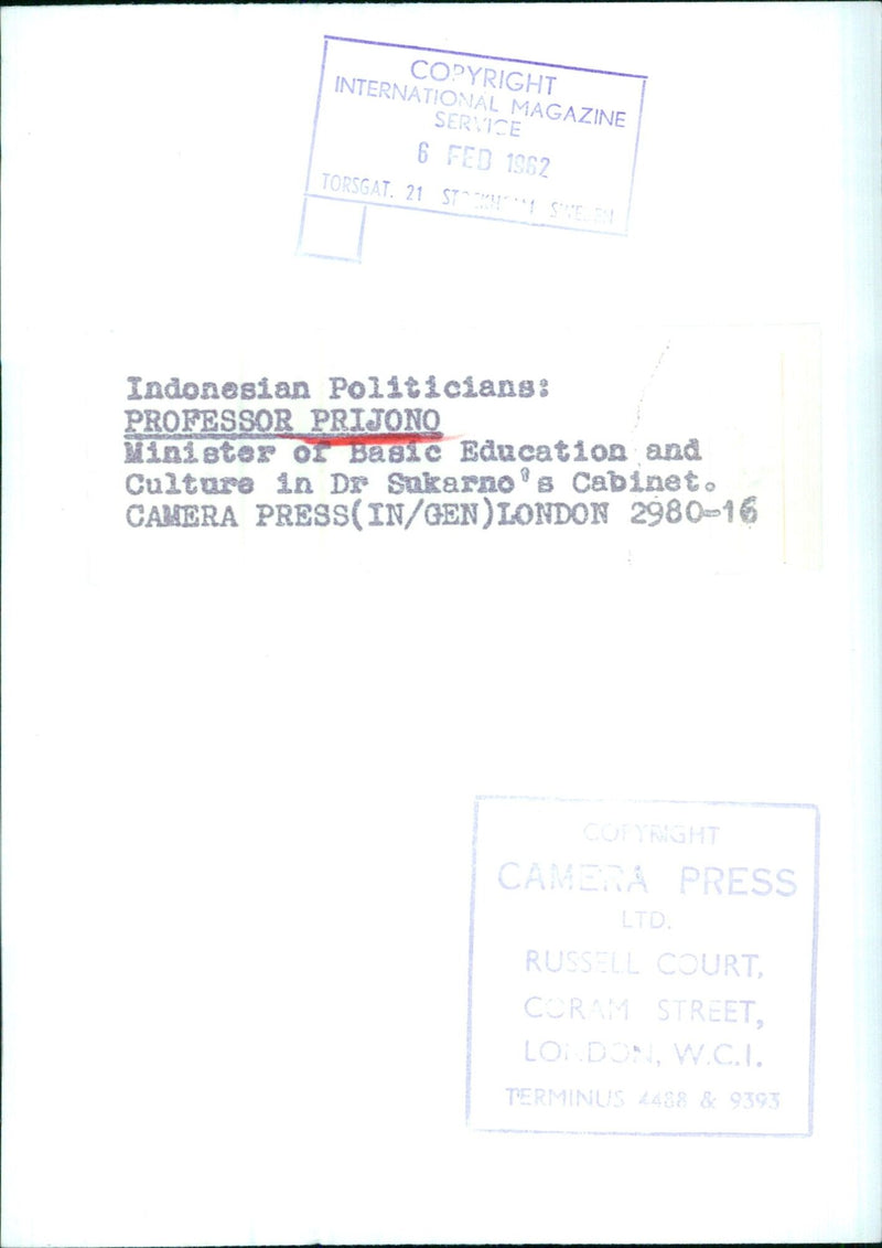 Indonesian Politicians: PROFESSOR PRIJONO Minister of Basic Education and Culture in Dr Sukarno's Cabinet. - Vintage Photograph