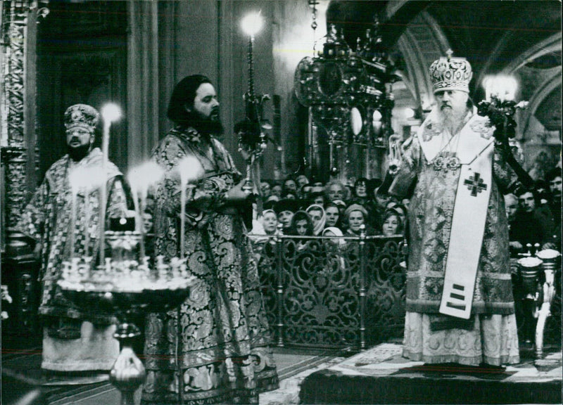 Patriarch Pimen conducting a Russian Orthodox service at the Patriarchal Cathedral in Moscow - Vintage Photograph