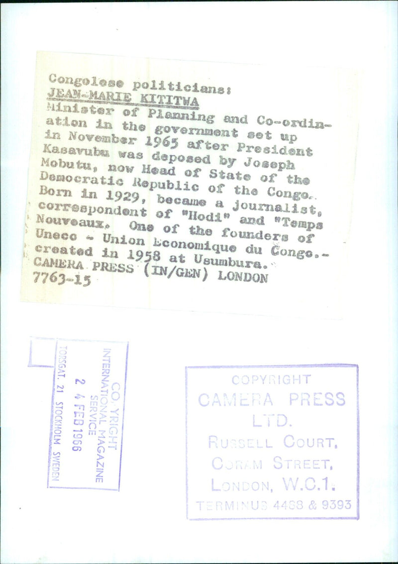 JEAN-MARIE KITITWA, Minister of Planning and Co-ordination in the government set up in November 1965 after President Kasavubu was deposed by Joseph Mobutu, now Head of State of the Democratic Republic of the Congo. - Vintage Photograph