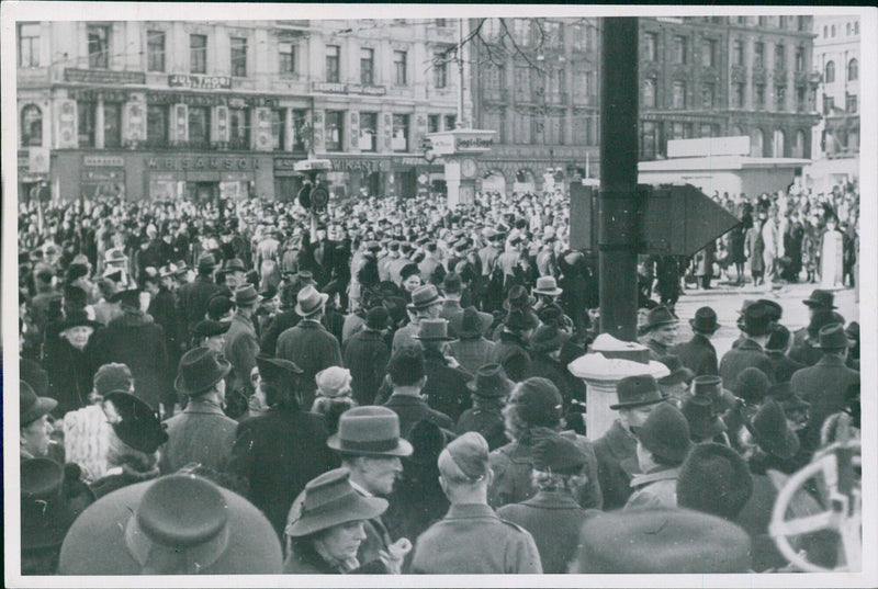 Norwegian official photo - S-1036. Hirden marching out of Vår Frelsers kirke on Easter Sunday in Oslo, 1942. - Vintage Photograph