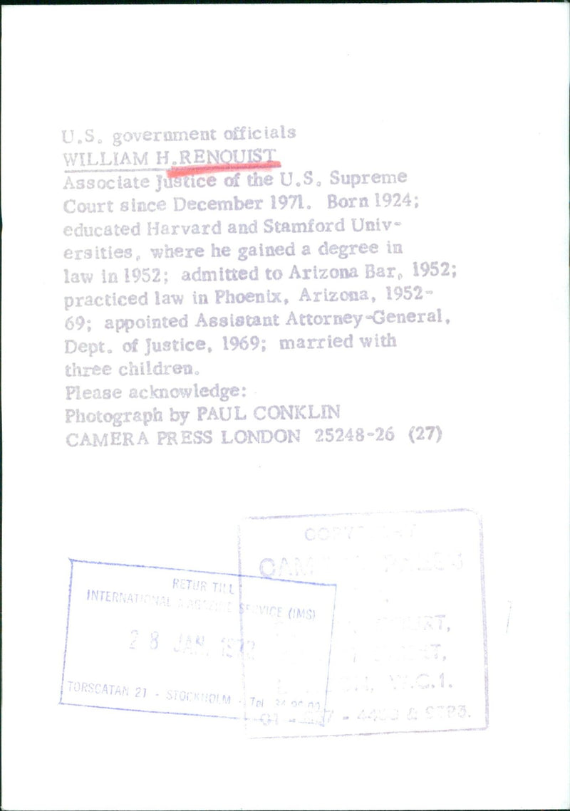 U.S. Supreme Court Associate Justice William H. Rehnquist - Vintage Photograph