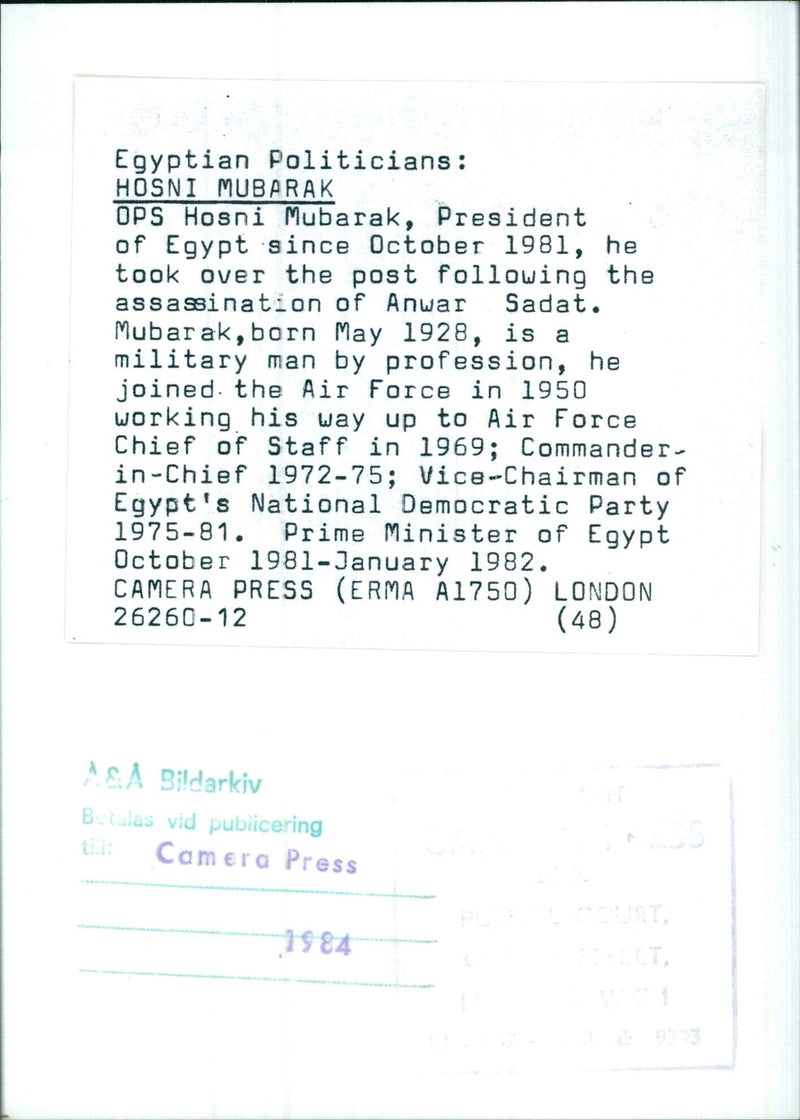 Egyptian Politicians: HOSNI MUBARAK Sadat - Vintage Photograph