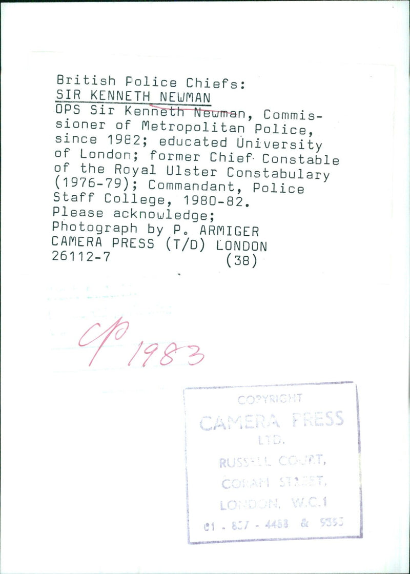 Sir Kenneth Newman, Commissioner of Metropolitan Police - Vintage Photograph