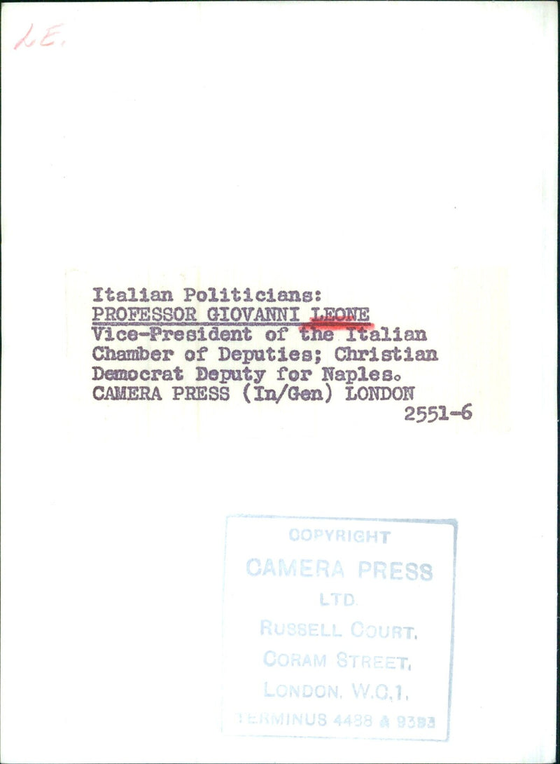 Italian Politicians: PROFESSOR GIOVANNI LEONE Vice-President of the Italian Chamber of Deputies; Christian Democrat Deputy for Naples. - Vintage Photograph