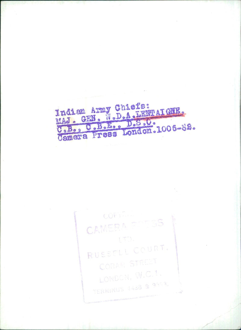 Indian Army Chiefs: MAJ. GEN. W.D.A.LENTAIGNE C.B., C.B.E., D.S.C. - Vintage Photograph