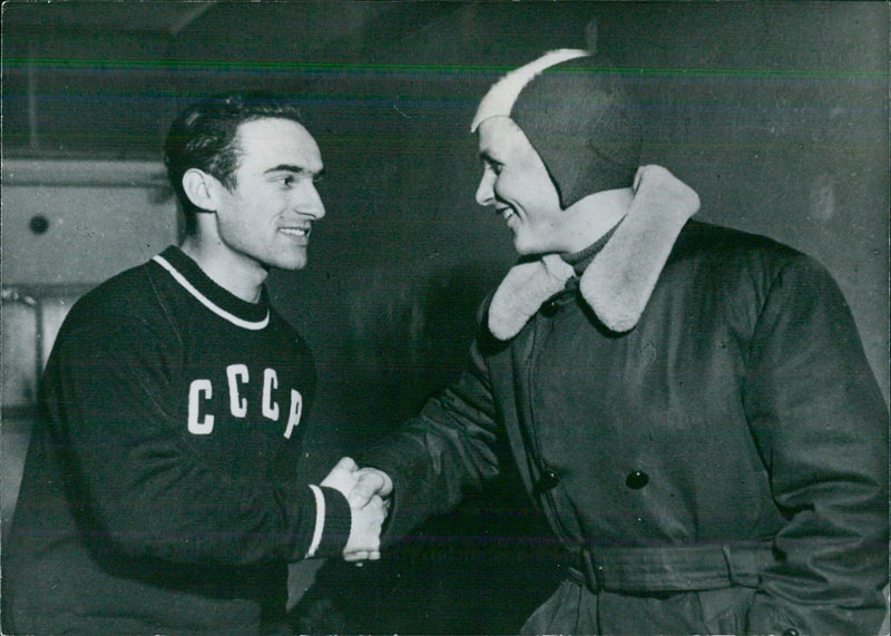 Oleg Gontsharenko of the Soviet Union shakes hands with Finland's Toivo Salonen - Vintage Photograph