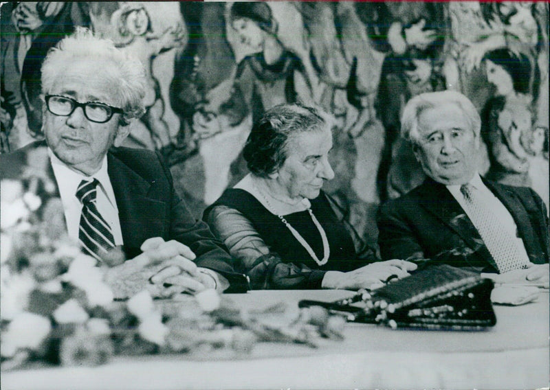 Dr. Joahim Prinz, Israeli Prime Minister Mrs. Golda Meir, and Dr. Nahum Goldmann at a session of the World Jewish Congress - Vintage Photograph