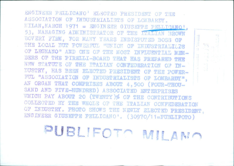 Engineer Pellicano Elected President of the Association of Industrialists of Lombardy - Vintage Photograph