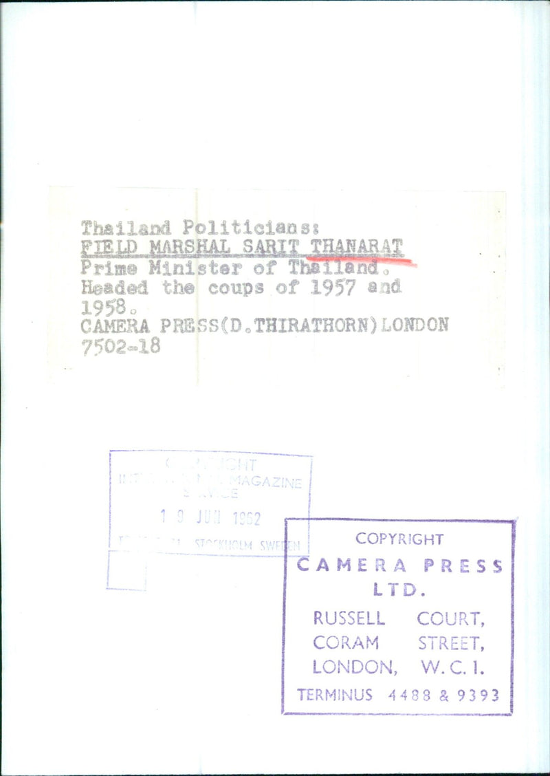 FIELD MARSHAL SARIT THANARAT Prime Minister of Thailand - Vintage Photograph