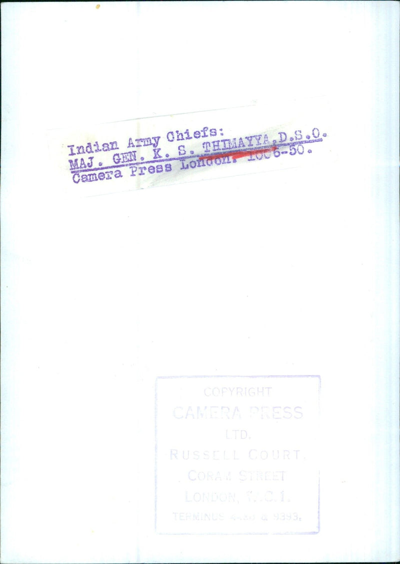 Indian Army Chiefs: MAJ. GEN. K. S. THIMAYYA, D.S.O. - Vintage Photograph