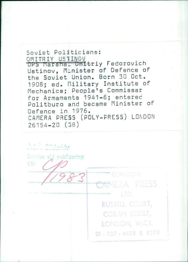 DMITRIY USTINOV, Minister of Defence of the Soviet Union - Vintage Photograph