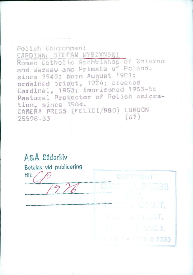 CARDINAL STEFAN WYSZYNSKI - Vintage Photograph