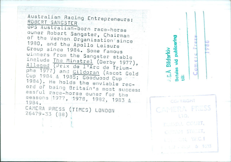 Australian Racing Entrepreneurs: ROBERT SANGSTER OPS - Vintage Photograph