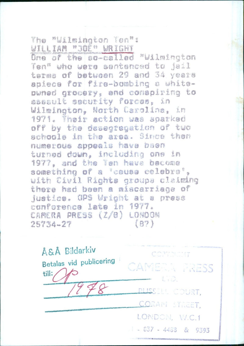 William "Joe" Wright, part of the "Wilmington Ten" - Vintage Photograph