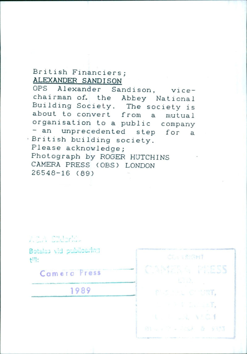 Alexander Sandison, Vice-Chairman of Abbey National Building Society - Vintage Photograph