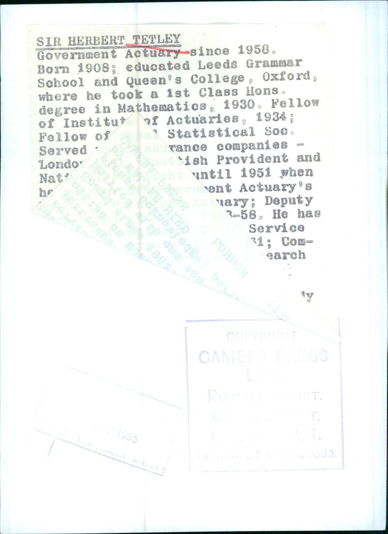 Sir Herbert Tetley, Government Actuary since 1958 - Vintage Photograph