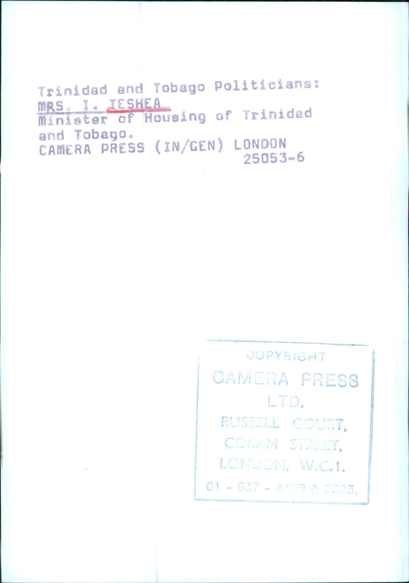 MRS. I. TESHEA, Minister of Housing of Trinidad and Tobago - Vintage Photograph