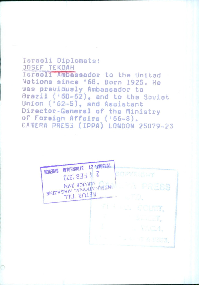 Israeli Diplomats: JOSEF TEKOAH - Vintage Photograph