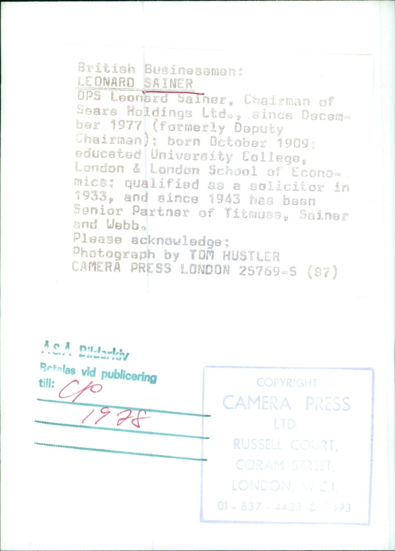 British Businessmen: LEONARD SAINER OPS - Vintage Photograph