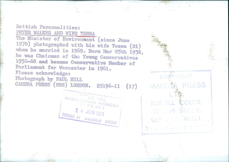 British Personalities: PETER WALKER AND WIFE TESSA - Vintage Photograph